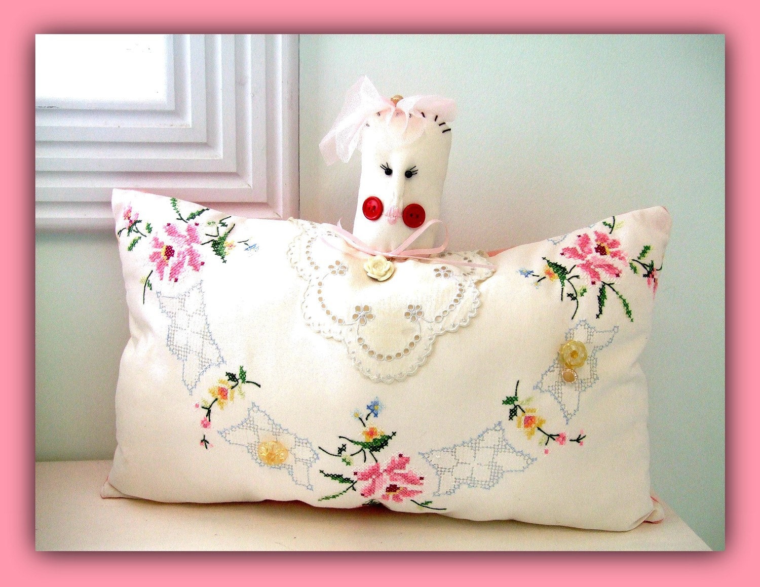 Handmade Vintage Table Cloth/Doily Dolly Cushion-Embroidery Details/Vintage Buttons-Shabby Chic-Pink