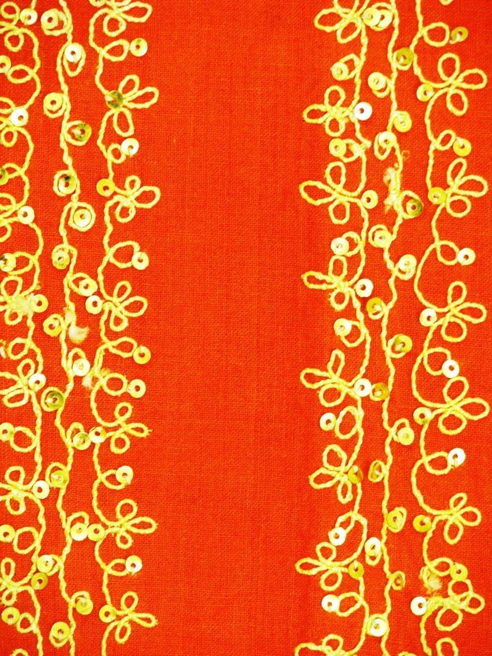 Embroidered scrap- Bright Orange-Red  with Yellow thread and Gold sequin  embroidery.