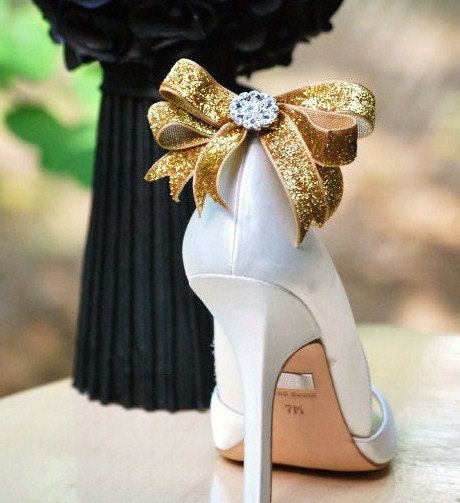 Bow Shoe Clips Sparkly & Metallic Golden Gold / Red / Royal Blue / Fuschia. Holidays Fashion Wedding, Rhinestone Glitter Glittery Ribbon