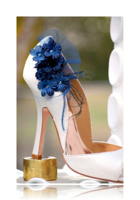 Shoe Clips Navy / Soldite Blue Flowers. Bridesmaid Bride Dark Marine, Silver or Gold Glitter / Ivory Pearls Center Tulle, Maritime Nautical