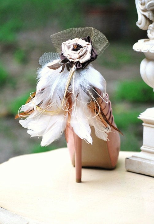 Feathered Shoe Clips. Beige Tan Ivory, Night Party Sexy Sophisticated, Autumn Fall Wedding Fashion Designer Inspired, Statement Gossip Girl