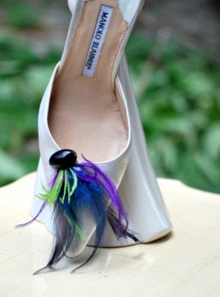 Shoe Clips Navy Purple Green Rooster & Ostrich Feathers. Bride Bridal Bridesmaid Couture Fashion, Birthday Party Boudoir Opera Burlesque