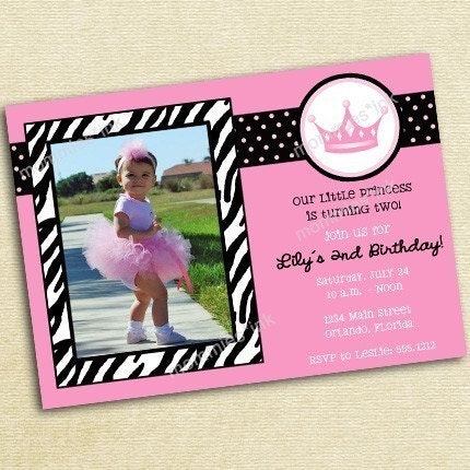 Princess Crown and Zebra Print Birthday Invitation - PRINTABLE INVITATION DESIGN