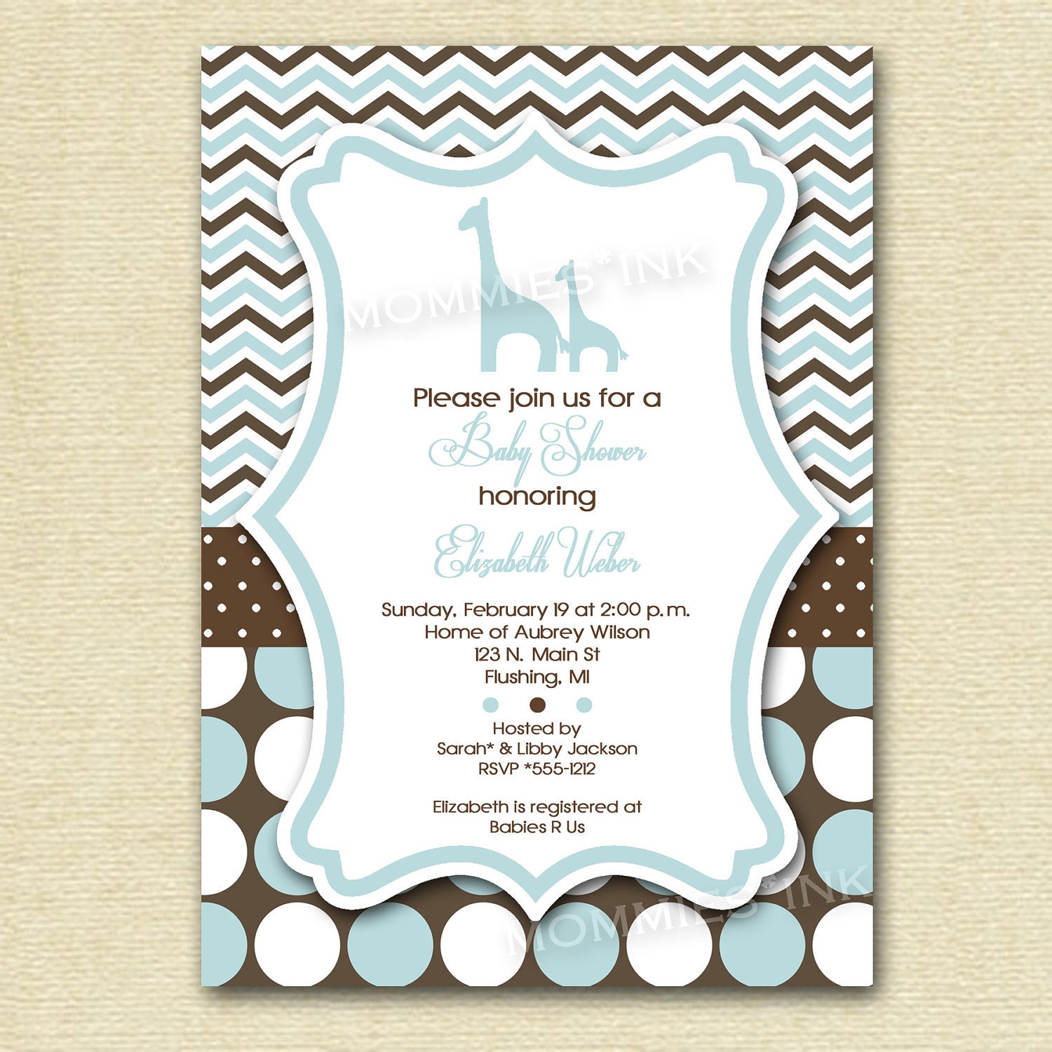 Mod Chevron Dotty Giraffe Baby Shower Invitation - PRINTABLE INVITATION DESIGN