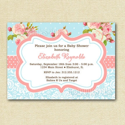 Shabby Chic Pink Roses and Light Blue Polka Dots Baby Shower Invite - PRINTABLE INVITATION DESIGN Il_170x135