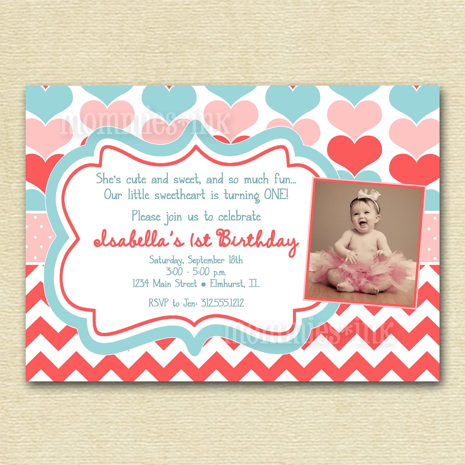 Watermelon and Teal Sweetheart Hearts Birthday Party Photo Invitation - PRINTABLE INVITATION DESIGN Il_170x135