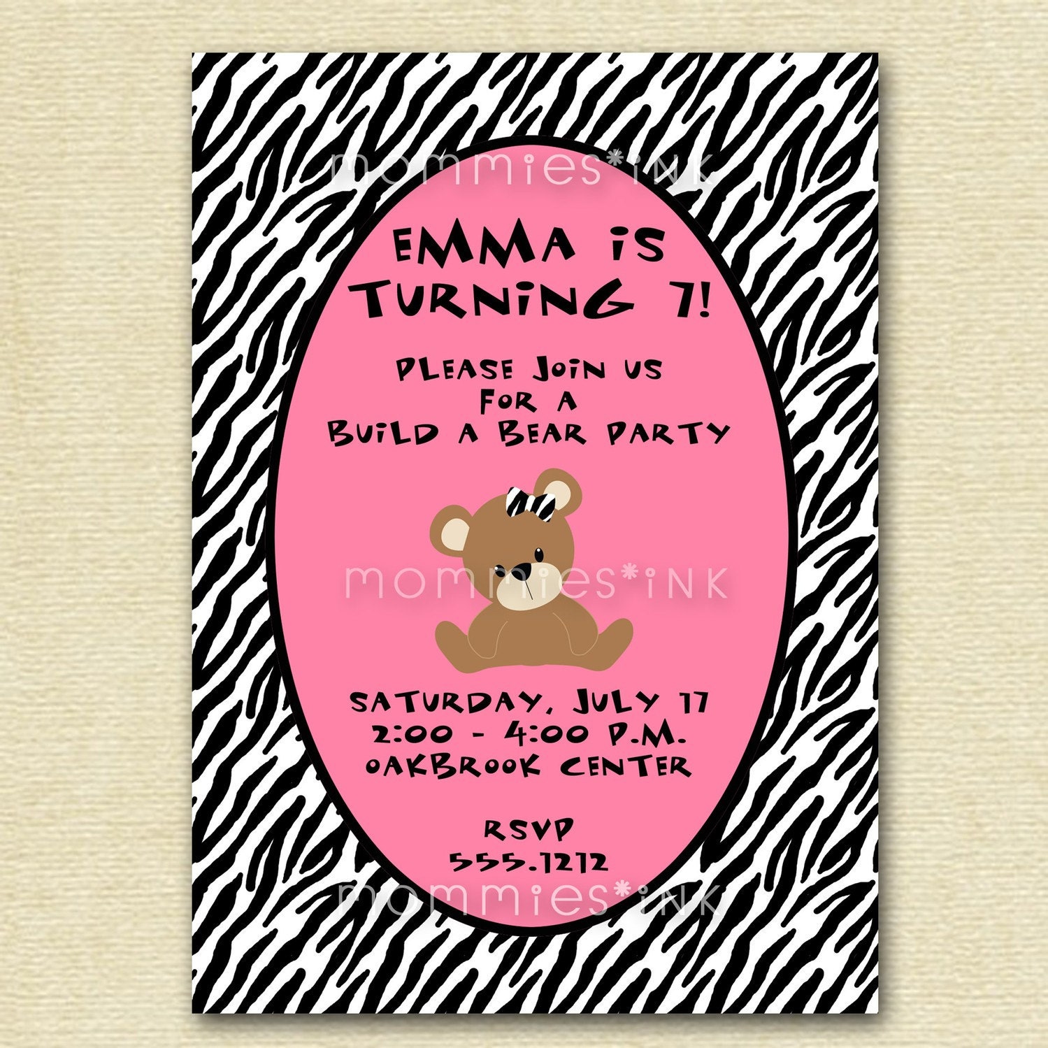 Teddy Bear with Zebra Print Birthday Party Invitation - Girls - PRINTABLE INVITATION DESIGN Il_570xn