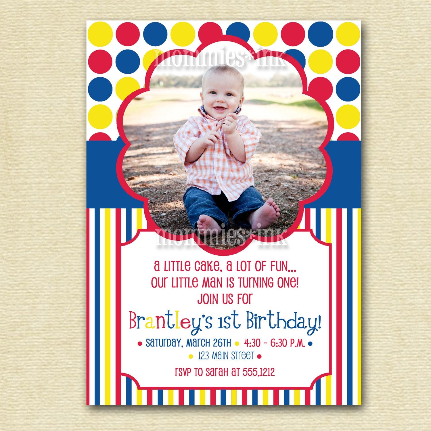 Primary Colors Dots and Stripes Photo Birthday Invite - PRINTABLE INVITATION DESIGN Il_570xn