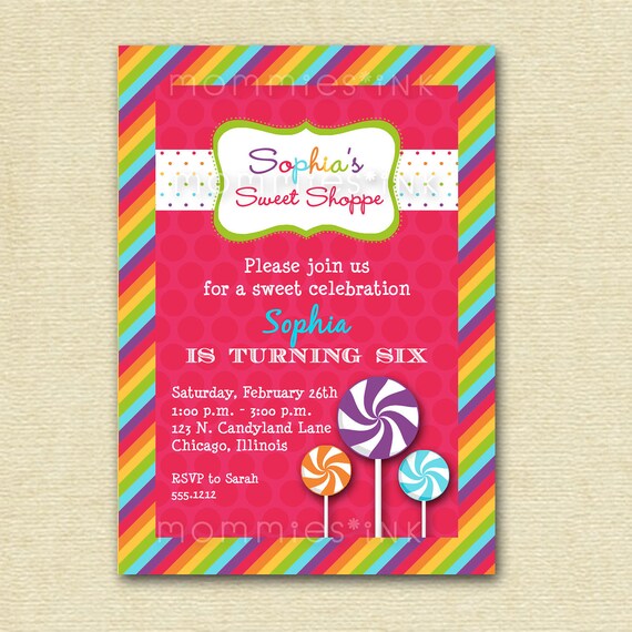 Sweet Shoppe Birthday Party- Brights - PRINTABLE INVITATION DESIGN Il_570xn