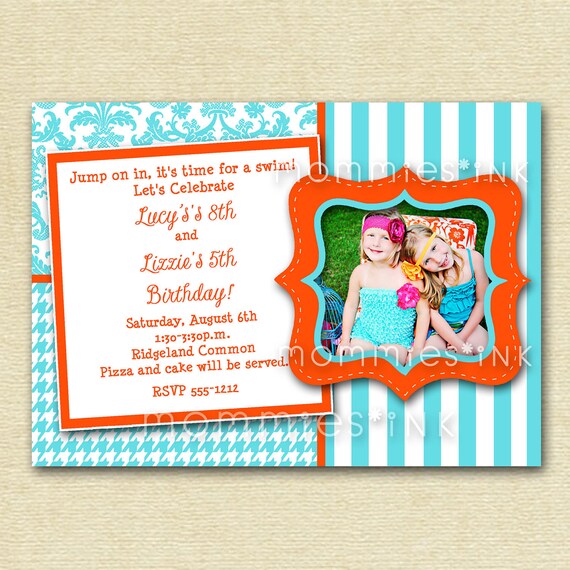 Turquoise and Orange Kaledioscope Custom Photo Birthday Invitation - PRINTABLE INVITATION DESIGN Il_570xn