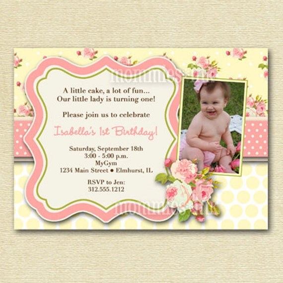 Shabby Chic Pink Roses with Yellow Polka Dots Photo Birthday Party Invitation Invite - PRINTABLE INVITATION DESIGN Il_570xn