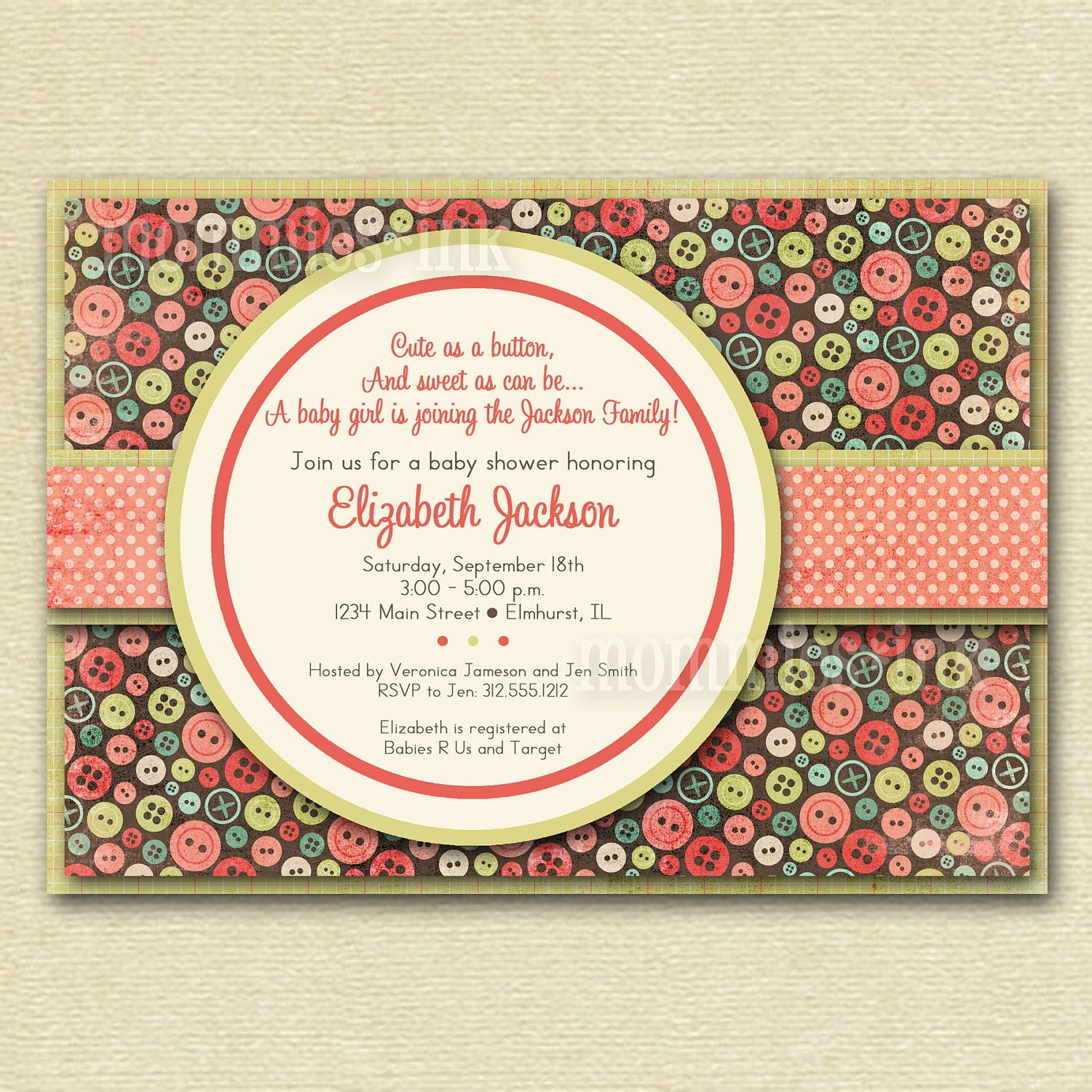Shabby Chic Cute as a Button Baby Shower Invite - Brown and Coral - PRINTABLE INVITATION DESIGN Il_570xn