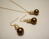 Chocolate Brown and Champagne Glass Pearls Earrings and Necklace Set, Bridesmaids jewelry, Bridal Party Jewelry Wedding