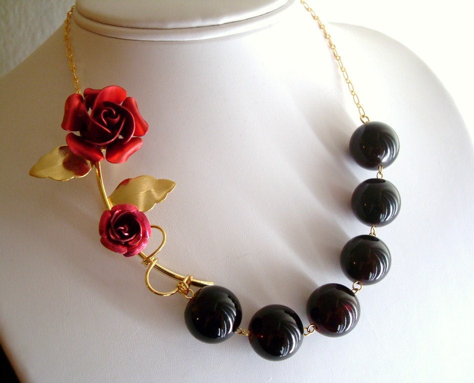 Stem Rose Asymmetrical Necklace in Gold, ooak, Bridesmaids necklace jewelry, Bridal jewelry, Wedding, Mother's day gift Birthday gift