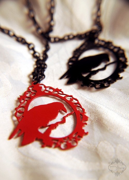 Perched Raven Cameo silhouette necklace in red stainless steel - woodland crow bird necklace
