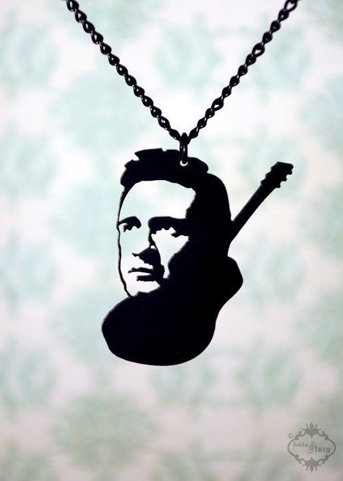 Johnny Cash Guitar tribute necklace in black stainless steel - musician portrait pendant