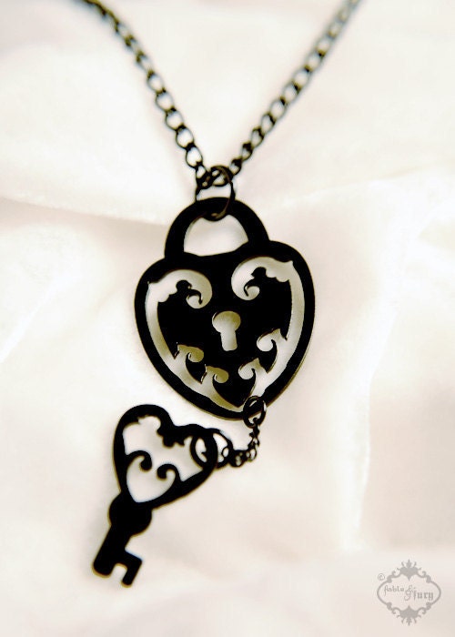 Key to Your Heart Lock and Skeleton Key necklace in black stainless steel - couple's necklace - padlock silhouette