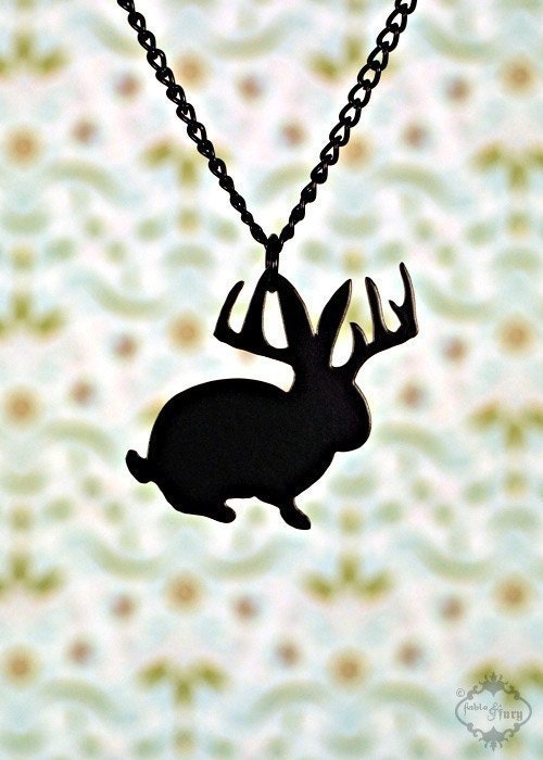 Jackalope silhouette necklace in black stainless steel - deer bunny necklace