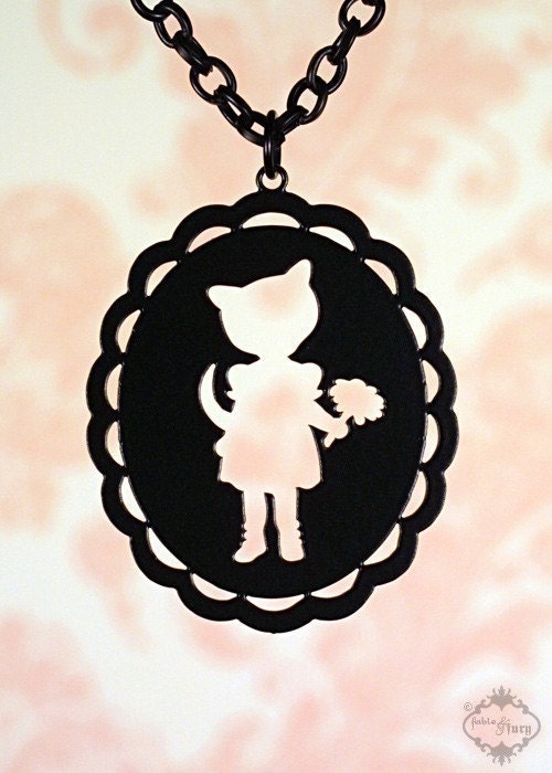 Kitty Cat Girl cameo necklace in black stainless steel - large silhouette cat jewelry