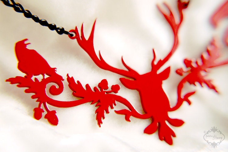 Deer Raven silhouette necklace in red stainless steel - stag with crows jewelry