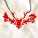 Deer Raven silhouette necklace in red stainless steel - stag with crows jewelry