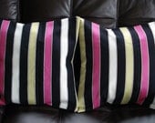 Throw pillows Black Fuschia green stripe design cushion shams UK designer fabric covers Two 18 x 18  inch handmade