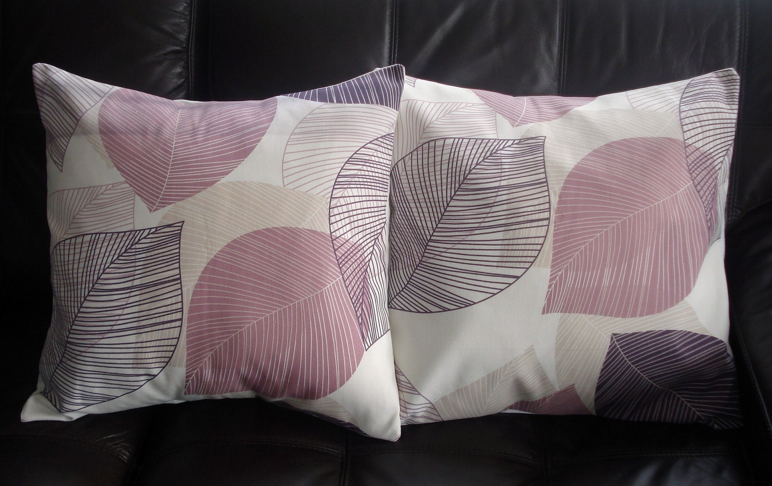 Throw pillow covers lilac purple cream leaf design cushion shams fabric covers Two 18 x 18 inch handmade