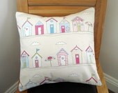 Throw pillow beach huts seaside nautical pink green blue Cushion cover case sham  One 16 x 16 Home decor