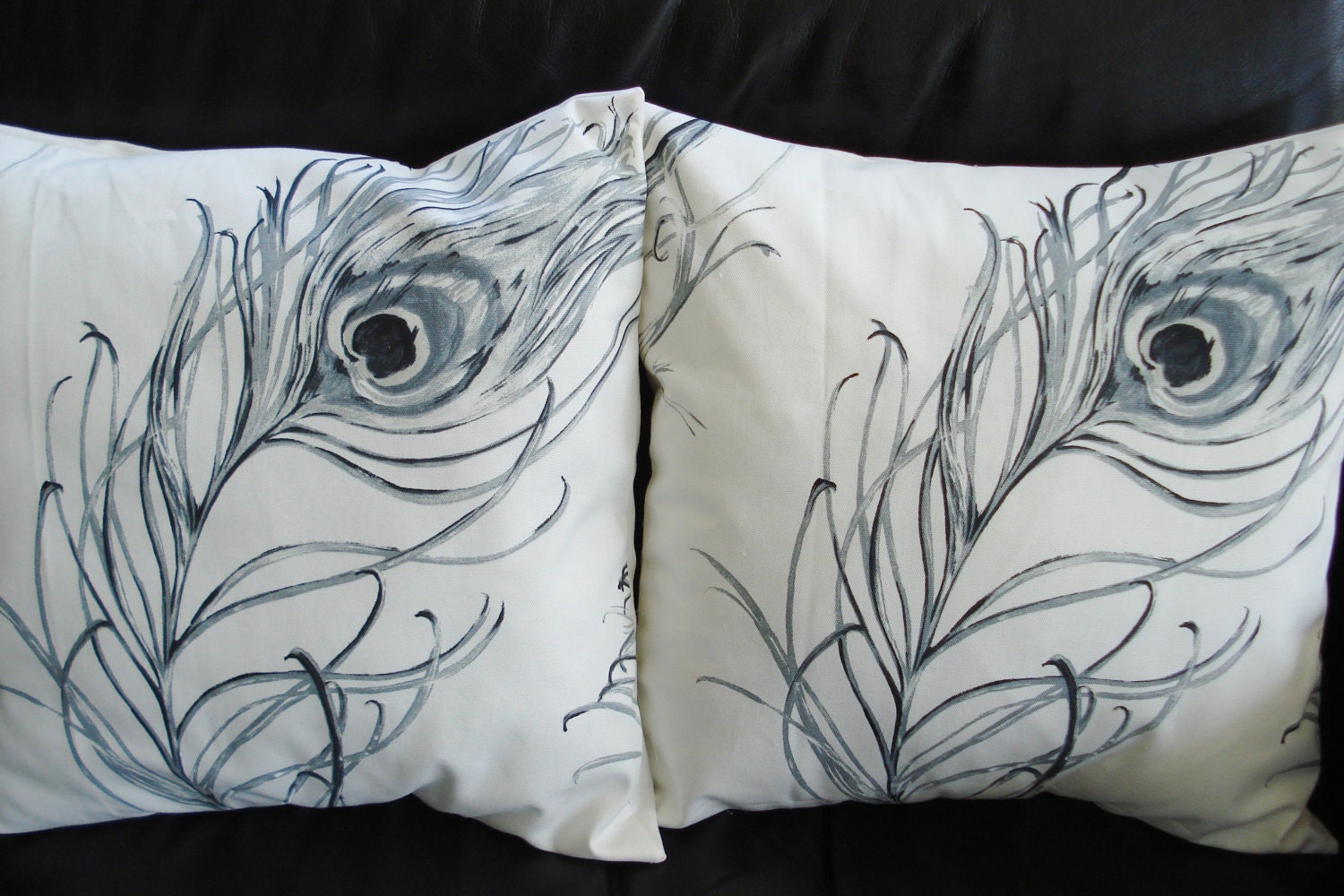 Throw pillow covers black grey gray graphite peacock feather design cushion shams UK designer fabric covers two 18 x 18 inch handmade