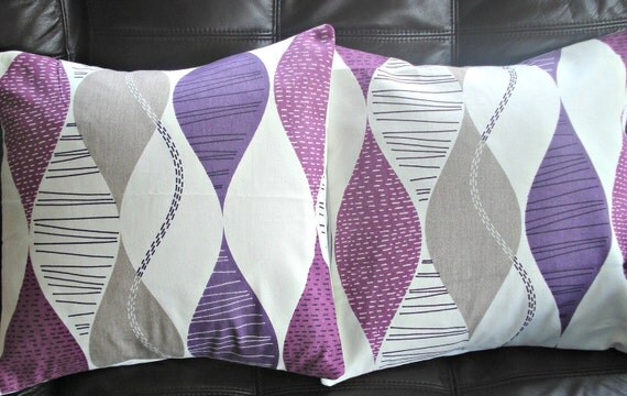Throw pillow covers purple violet beige shapes design cushion shams UK designer fabric covers Two 16 x 16 inch handmade