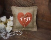 Rustic  ring bearer pillow with burnt orange heart personalized with your initials