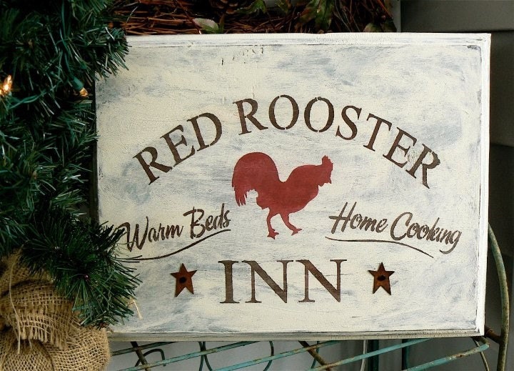 Red Rooster Inn rustic primitive Americana HM wood sign