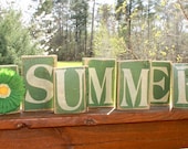 SPRING and SUMMER shelf sitter blocks signs with flower Recycled Wood