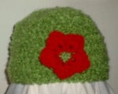 Rock Star Beanie / Crochet Hat with Red Flower / Custom crochet or knit Green Beanie / Handmade in your colors or size