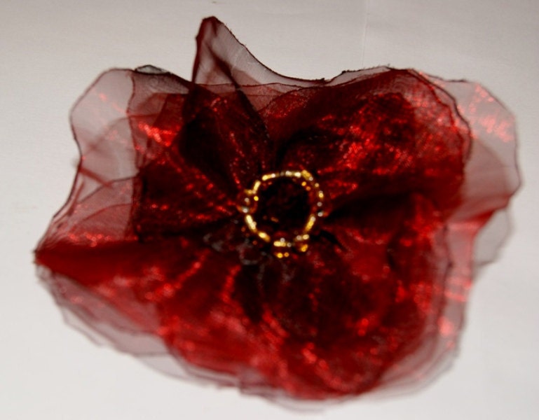 Ballet Dancers Hair Clip / Handmade Organza Flower Hair Clip / Beaded Maroon Organza Brooch / Ponytail Holder / Burgundy Flower Accessory