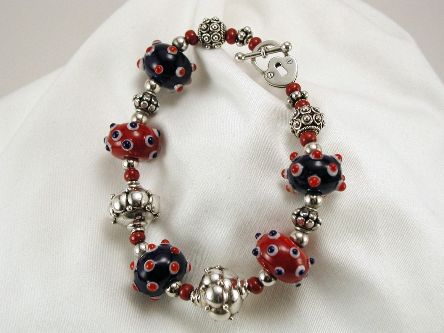 Red, White and Blue Polka Dots Lampwork Glass Bracelet