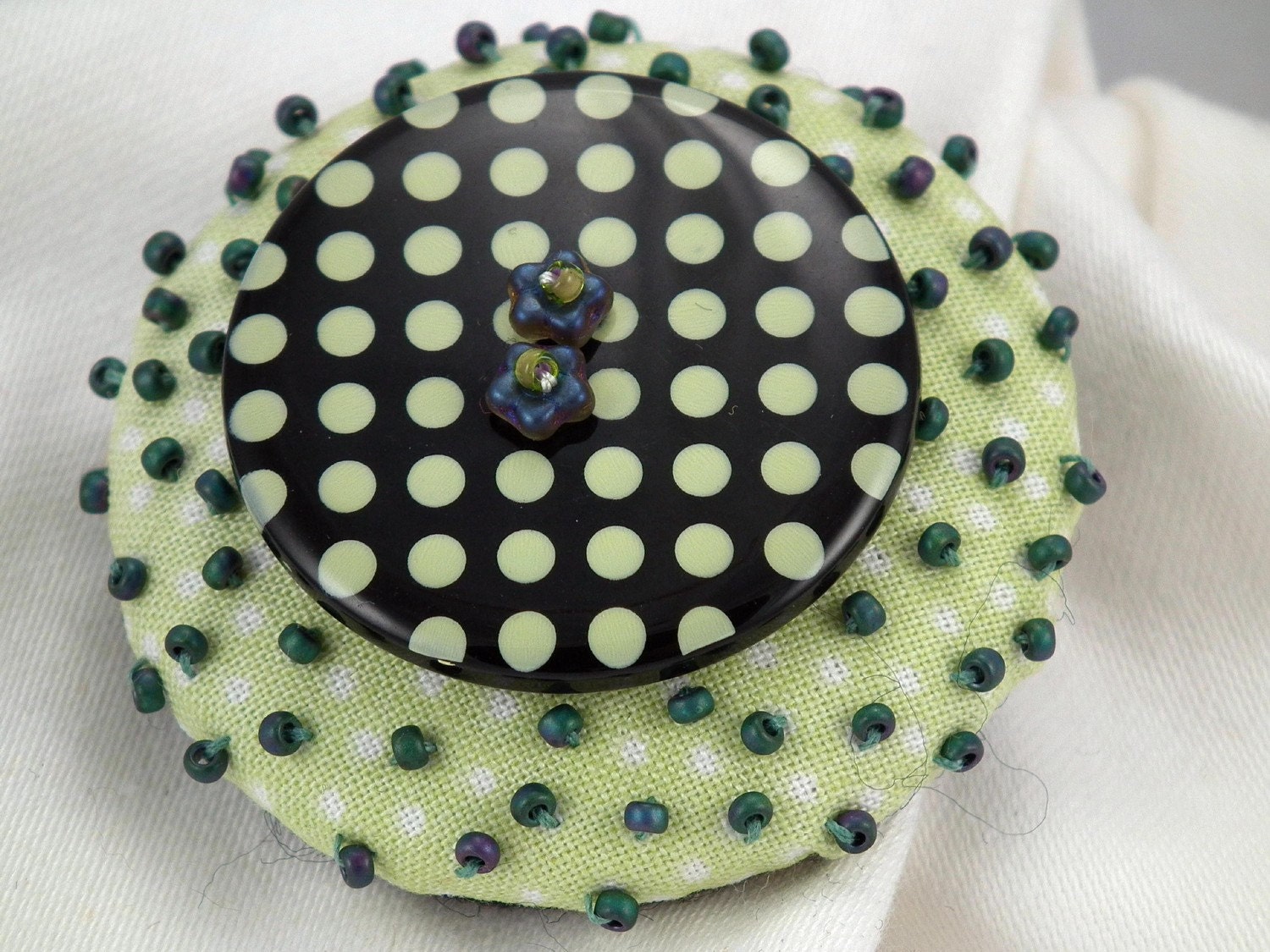 OOAK Beaded Button Brooch in Lime Green and Black