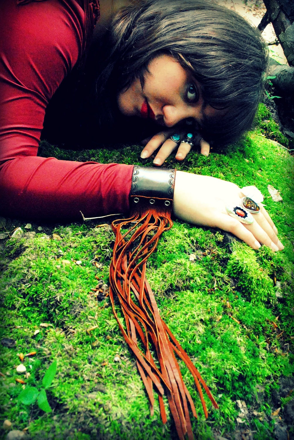 featherheart's signature leather fringe cuff in brown, black or sunshine
