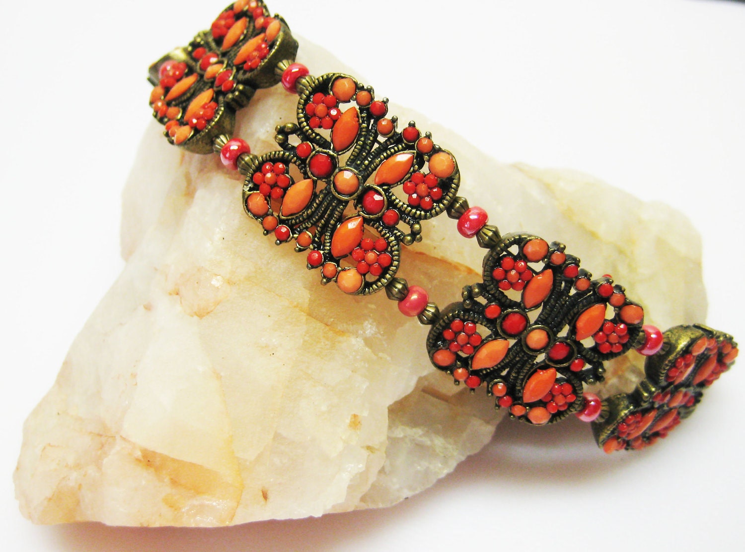 Red Orange Bracelet - Double Strand - Cuff Bracelet