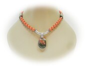 Unakite Pendant and Coral Pearl Necklace - MyGemstoneDesigns