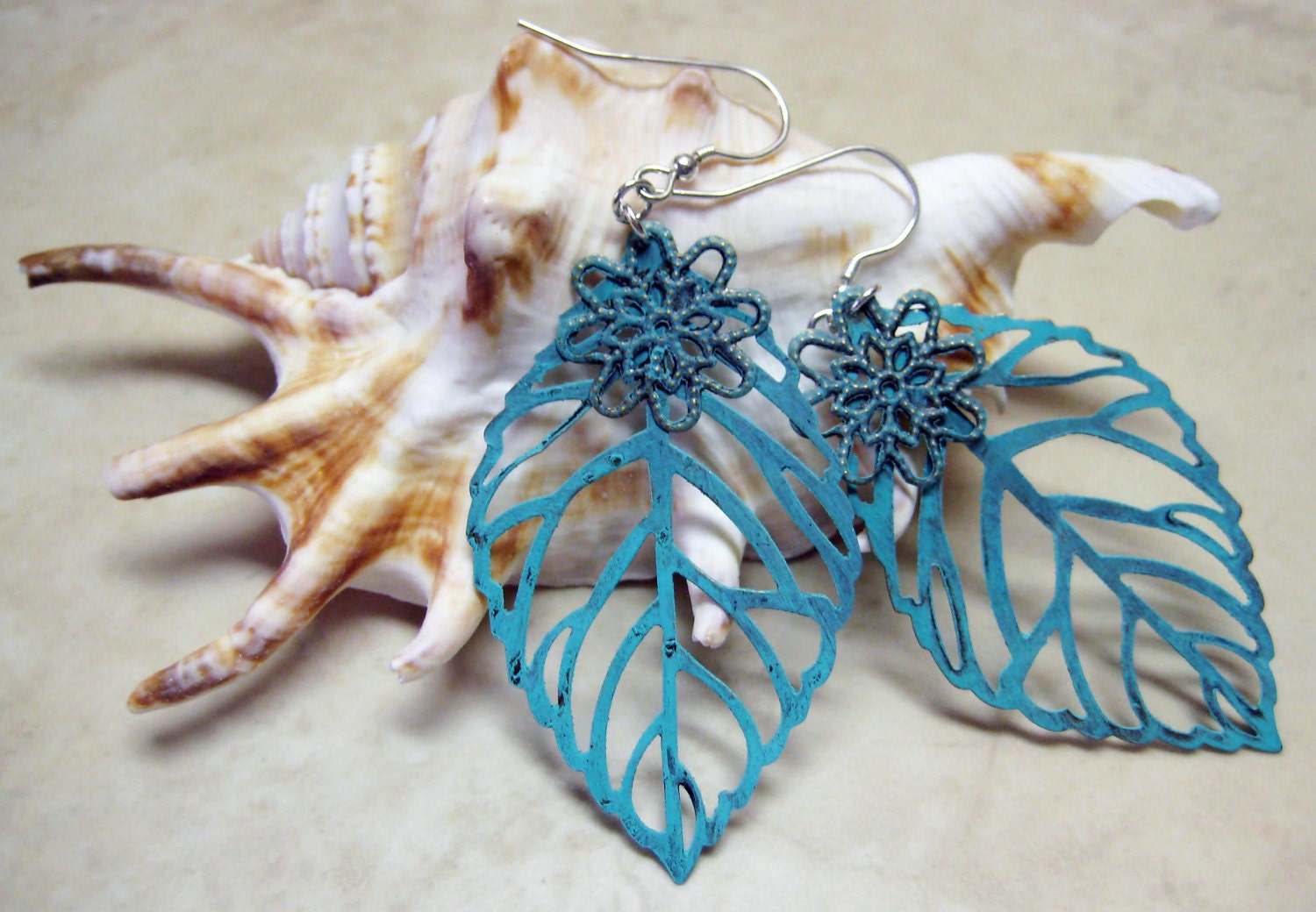 Turquoise, Patina, Filigree Leaf, Flower, Dangle Earrings