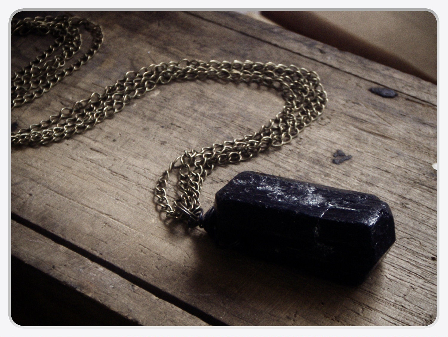 The Menhir of Thoth. Huge Monolith black Tourmaline rustic talisman and double copper chain necklace