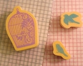 Bird Birdcage Rubber Stamp Set of 3