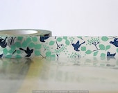Japanese Washi Tape - Navy Teal Bird Tree, Leaves, Fall Pattern Masking Tape 15mm