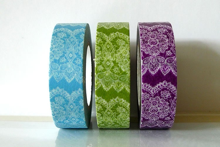Vertical Lace Tape -  Japanese Green Lace, Blue Lace, Purple Lace Washi Tapes Set of 3