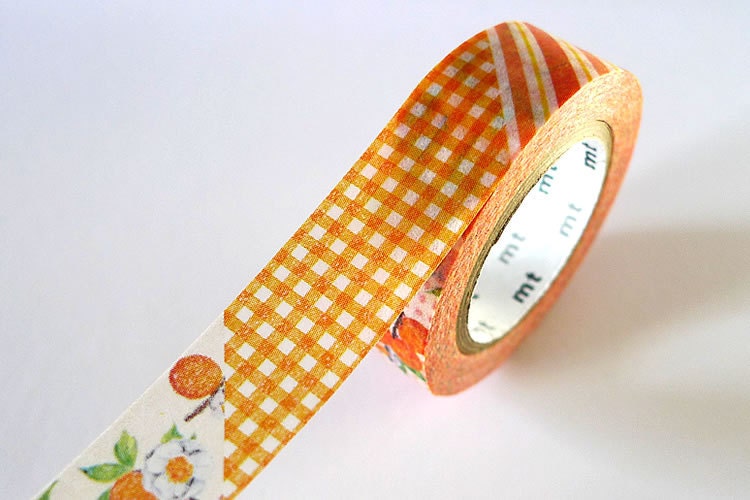 Vintage Style mt ex ORANGE Stripe Gingham Floral Washi Tape 15mm Japanese Masking Tape - PrettyTape
