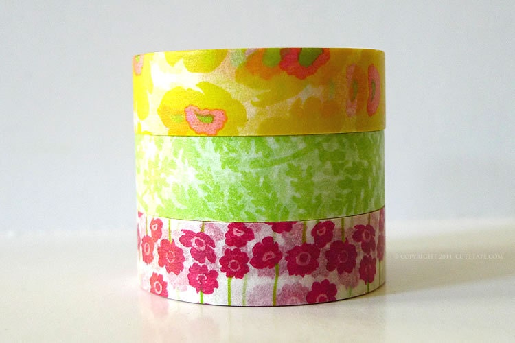 Japanese Washi Tape Yellow POPPY, Green Leaves, Pink Poppy Flowers masking tapes - Set of 3 PrettyTape