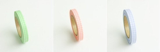 Adorable BLUE PINK GREEN Gingham Grid Japanese Washi Tape 7mm Set of 3