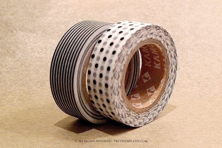 Black and White stripe dots Modern Japanese Masking Washi Tapes Set of 2 - from PrettyTape