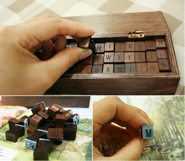 42 Antique Style Alphabet and Number Wooden Rubber Stamps Set ( DISCOUNTED )